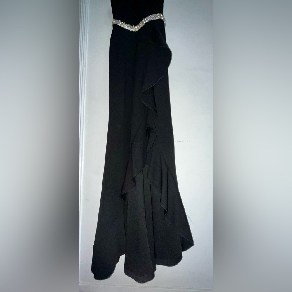 Black Halter Evening Gown w/ Rhinestone Crystal Belt – Formal Maxi Dress - Picture 5 of 7